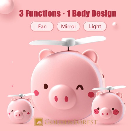 3 in 1 Pig Makeup Mirror Fan LED Light Portable USB