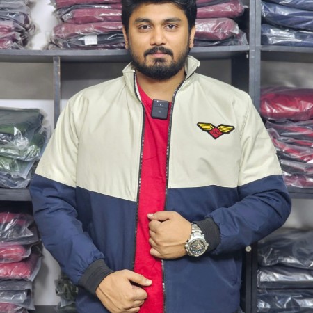 Winter high neck saskin padding jacket - Cream & Navy Blue