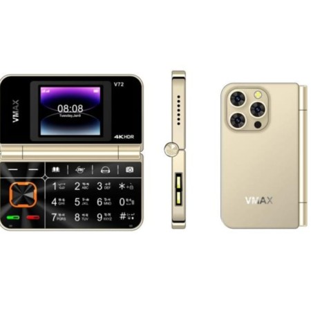 Latest Model Vmax-V72 Dual Display Folding Dual Sim Pocket Mini Phone Golden